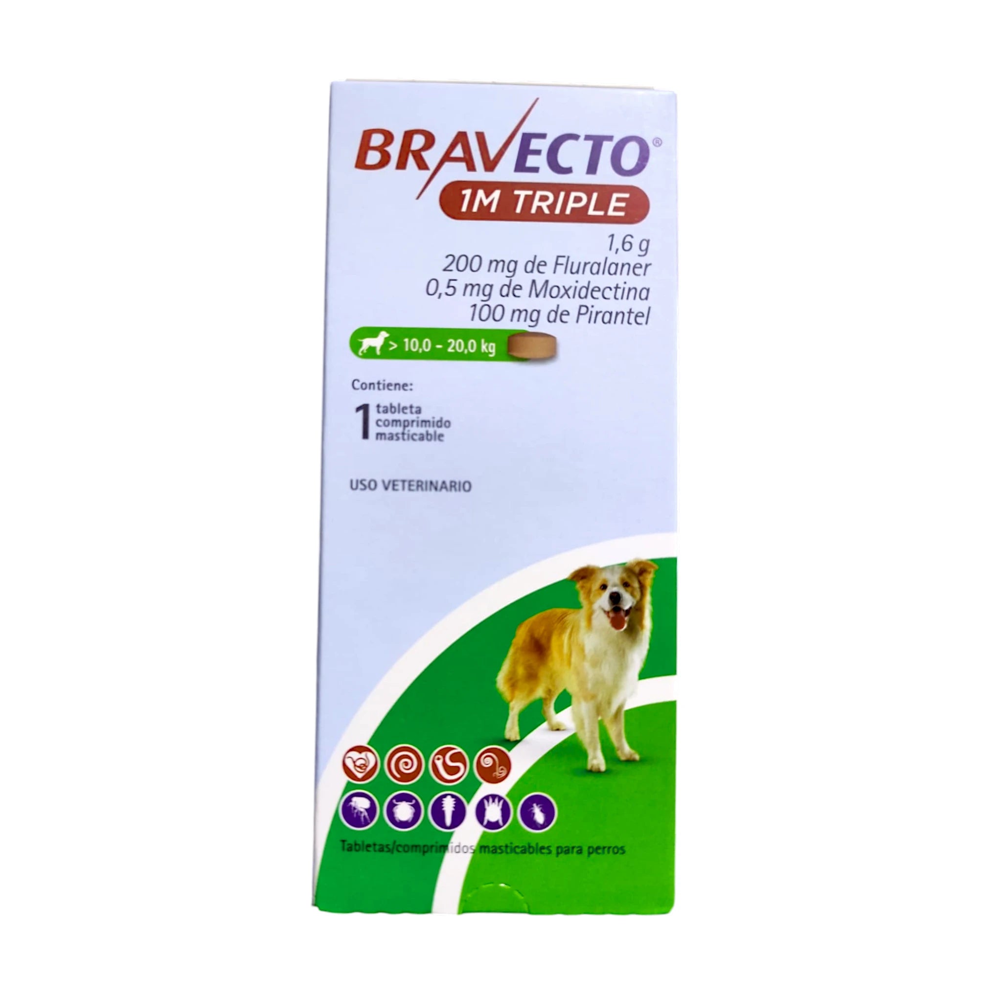 Caja del antiparasitario Bravecto 1M Triple para perros medianos de 10 a 20 kg. Protege contra pulgas, garrapatas, sarna, ácaros y parásitos internos por 37 días.