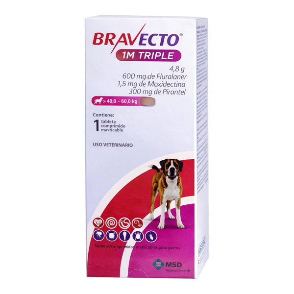 Caja del producto Bravecto 1M Triple para perros grandes de 40 a 60 kg, tratamiento antiparasitario oral por 37 días