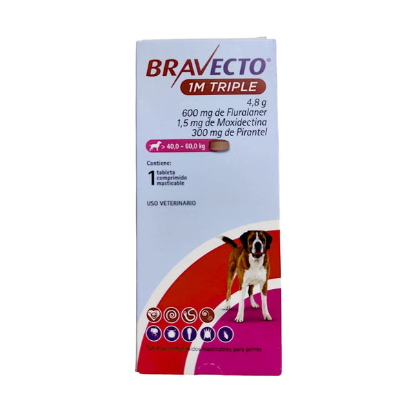 Caja del producto Bravecto 1M Triple para perros grandes de 40 a 60 kg, tratamiento antiparasitario oral por 37 días