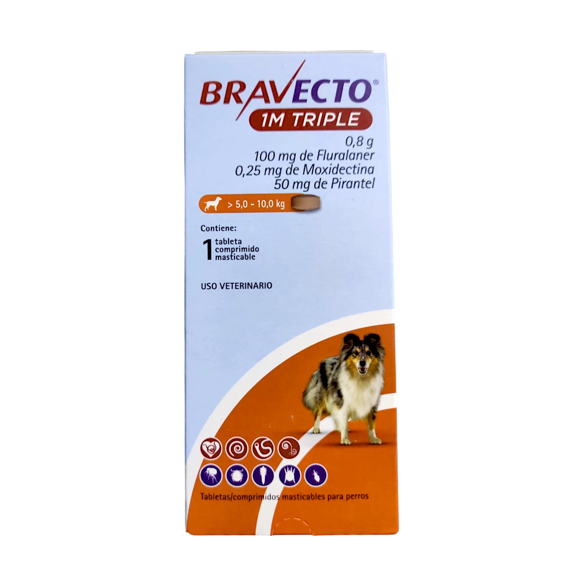 Caja del medicamento Bravecto 1M Triple para perros, tratamiento contra pulgas, garrapatas y parásitos intestinales