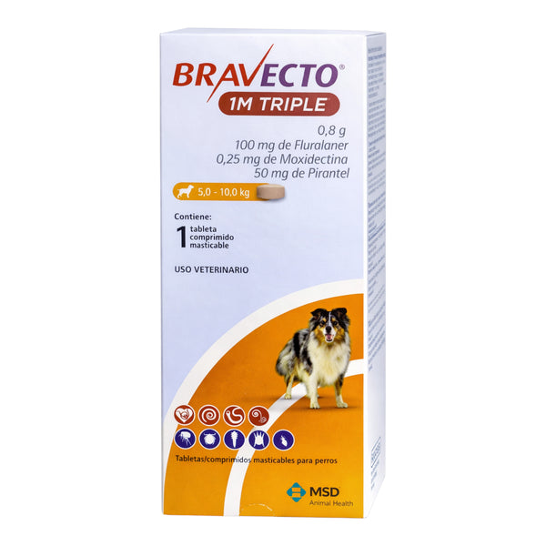 Caja del medicamento Bravecto 1M Triple para perros, tratamiento contra pulgas, garrapatas y parásitos intestinales