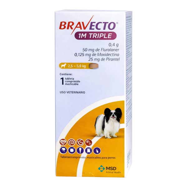 Caja del producto Bravecto 1M Triple para perros de 2.5 a 5 kg, tratamiento oral contra pulgas, garrapatas y parásitos internos