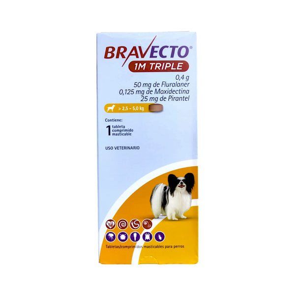 Caja del producto Bravecto 1M Triple para perros de 2.5 a 5 kg, tratamiento oral contra pulgas, garrapatas y parásitos internos
