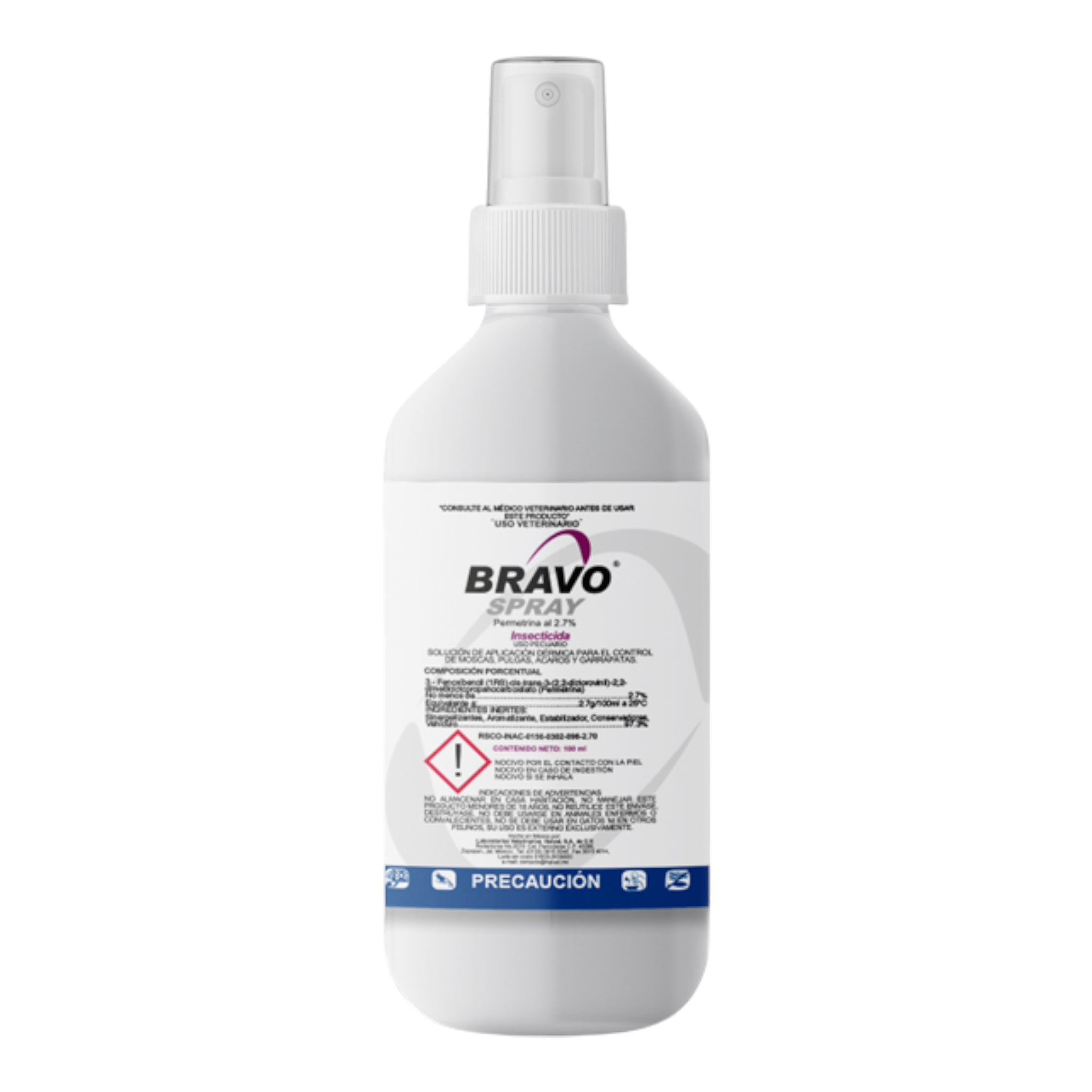 Envase de Bravo Spray 100 mL con atomizador, insecticida con permetrina al 2.7% para controlar pulgas, moscas, garrapatas y ácaros en perros y caballos.