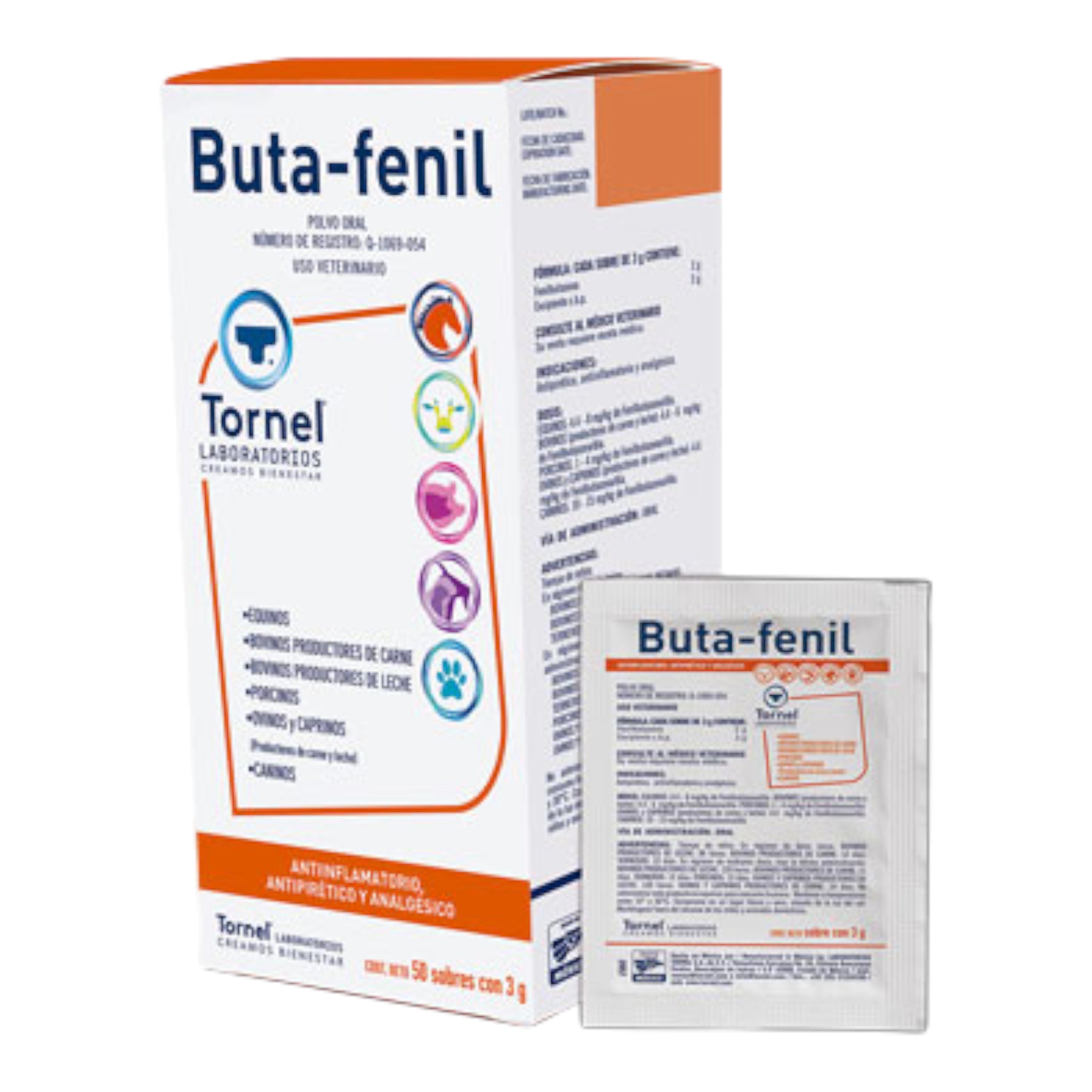 Sobre de Buta-Fenil de 3 g, analgésico y antiinflamatorio oral con fenilbutazona para uso veterinario en caballos, bovinos y otras especies.