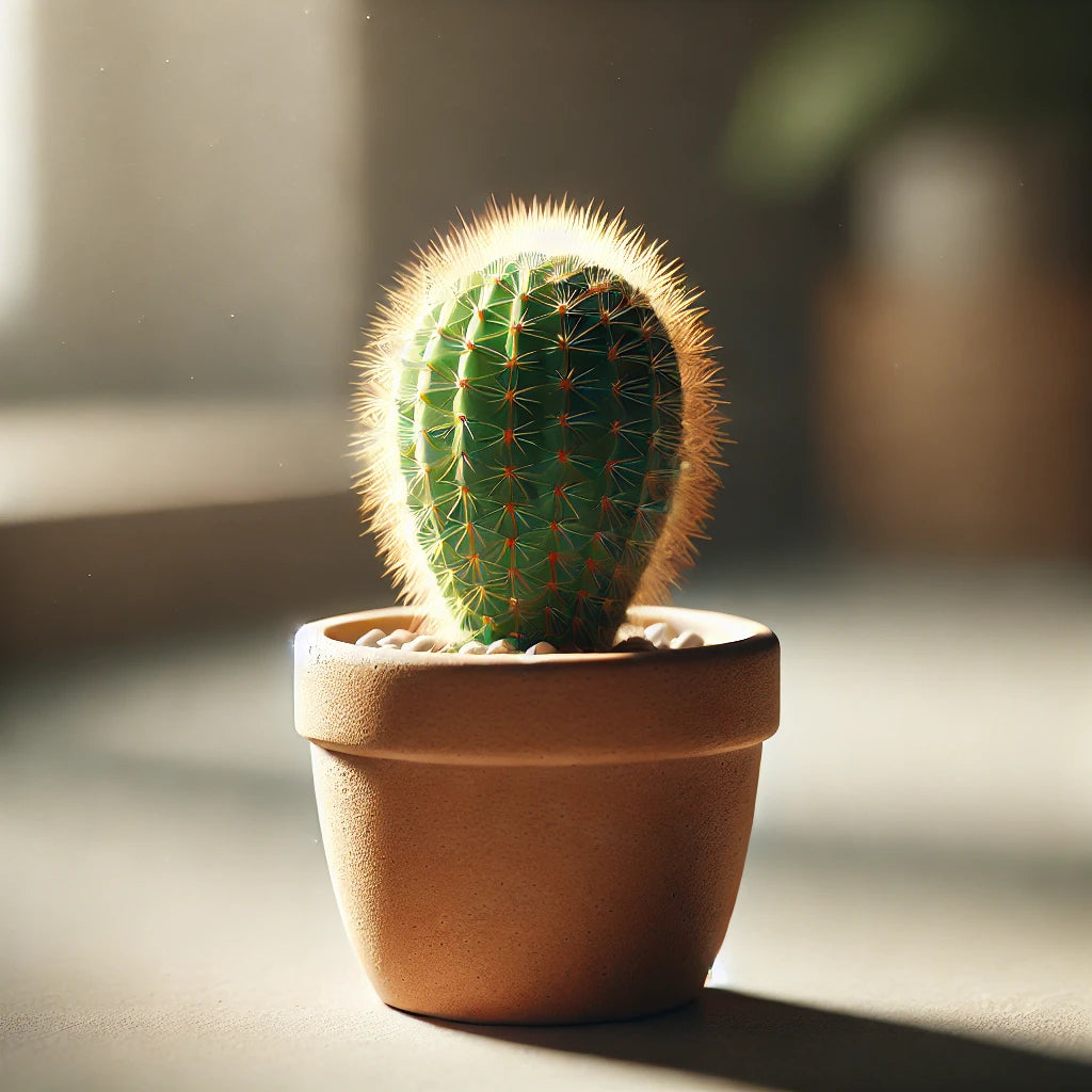 Maceta con cactus jóvenes creciendo en tierra arenosa en interior iluminado.
