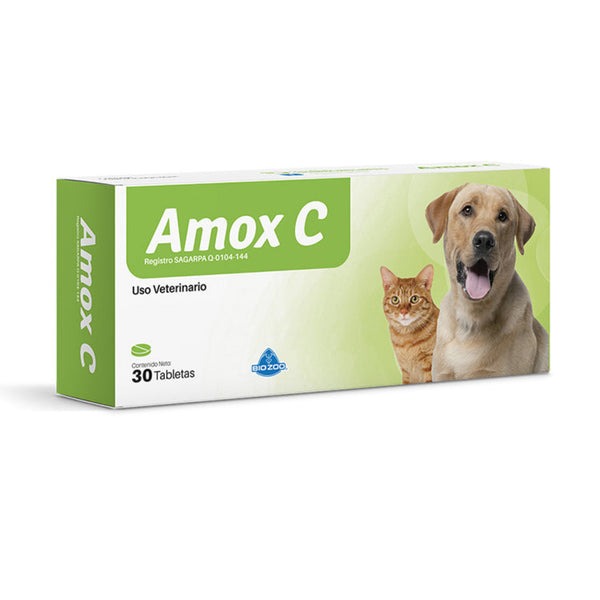 Caja de Amox C Tabletas, antibiótico oral con amoxicilina y ácido clavulánico para tratar infecciones bacterianas en perros y gatos.