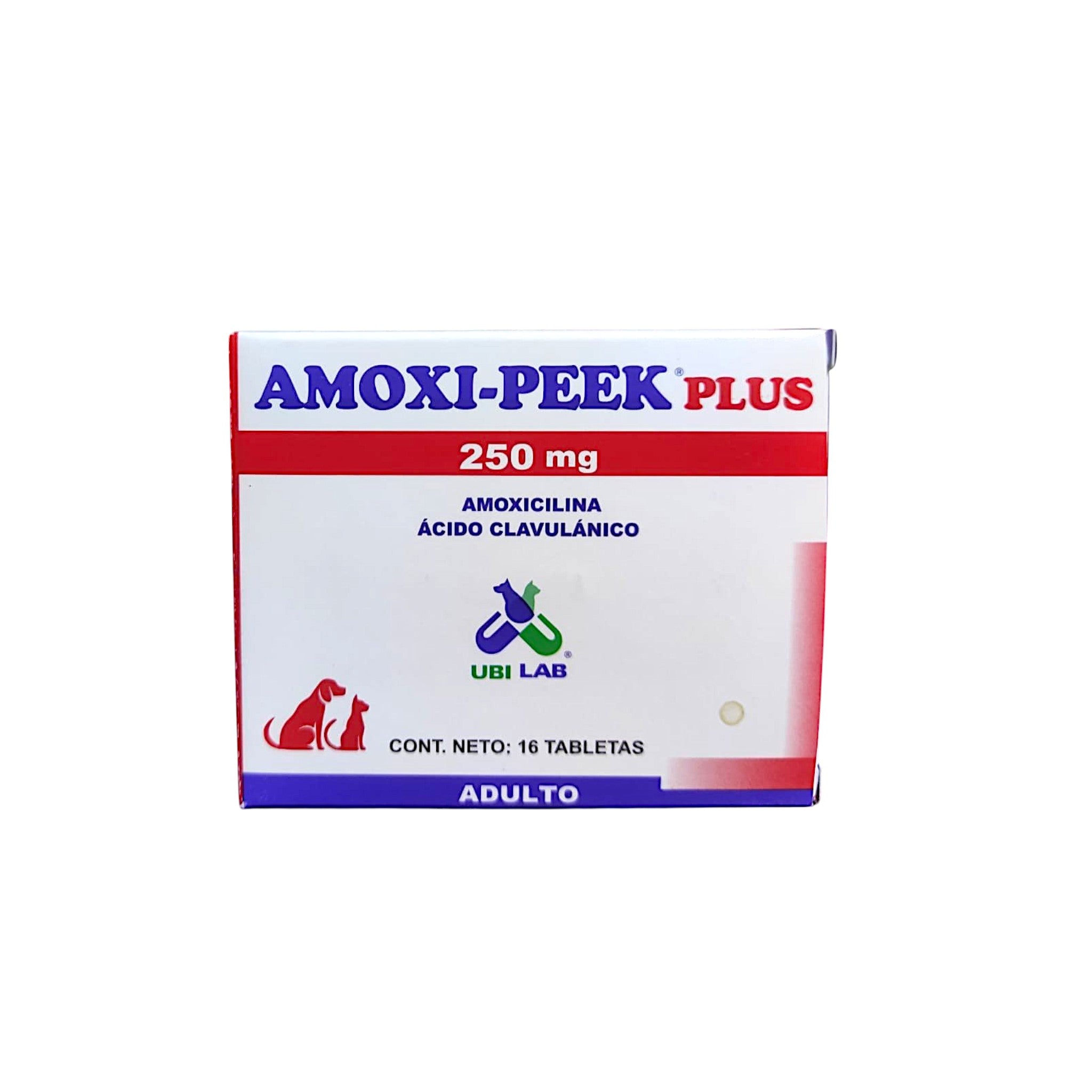 Caja de Amoxi-Peek Plus 250 mg, antibiótico oral para tratar infecciones respiratorias, cutáneas y digestivas en perros