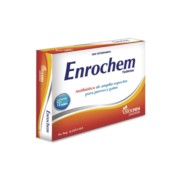 Caja de Enrochem, antibiótico en tabletas para perros y gatos con enrofloxacina, usado para infecciones respiratorias, digestivas y de piel