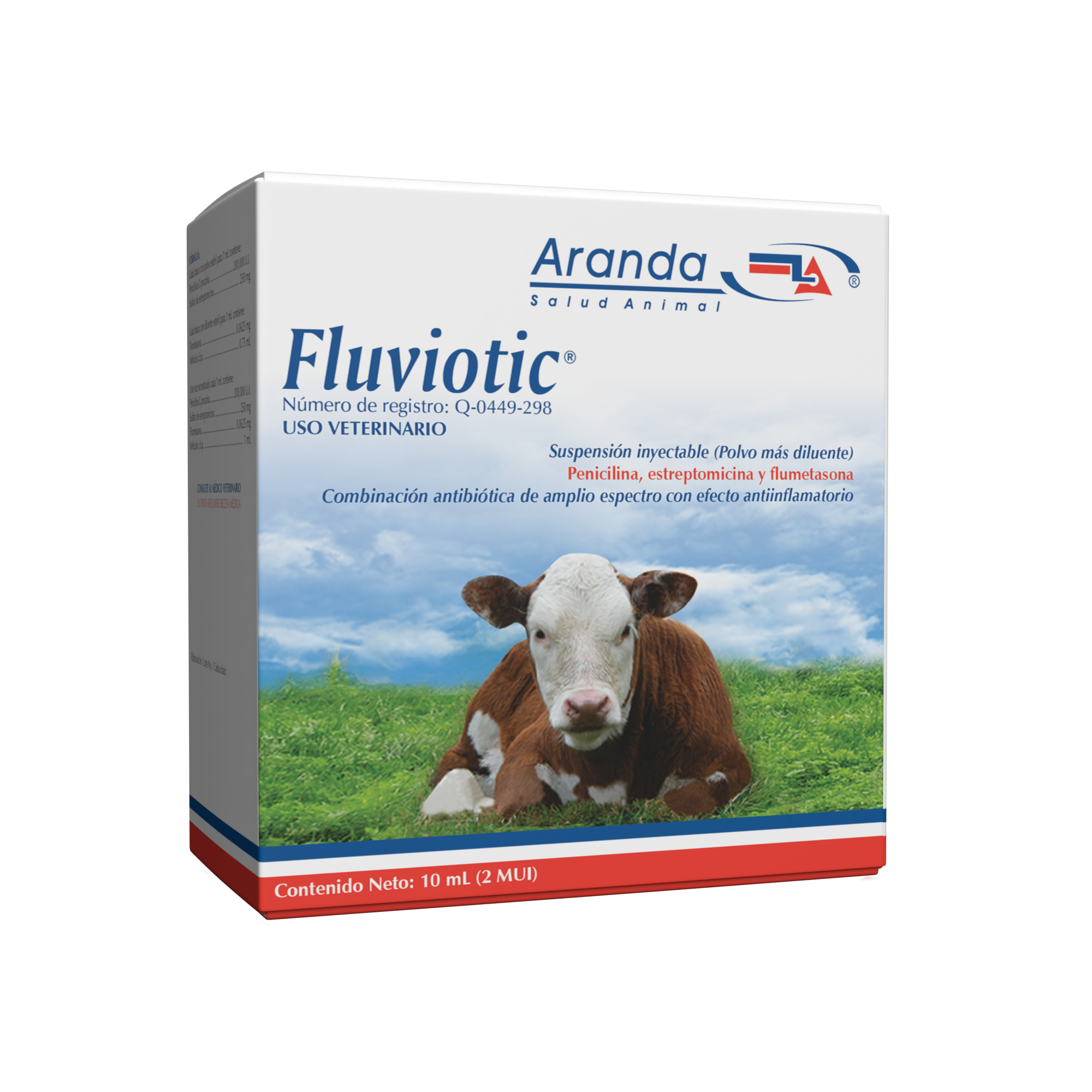 Frasco de Fluviotic inyectable 2MUI de 10ml, antibiótico y antiinflamatorio para uso en perros, gatos, caballos y animales de granja