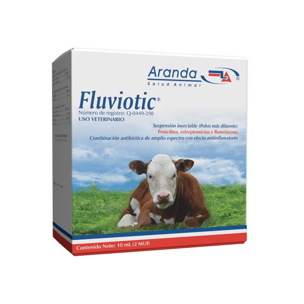 Frasco de Fluviotic inyectable 2MUI de 10ml, antibiótico y antiinflamatorio para uso en perros, gatos, caballos y animales de granja