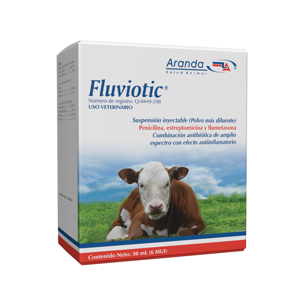 Fluviotic 6MUI en presentación de 30ml, tratamiento antibiótico y antiinflamatorio para animales grandes