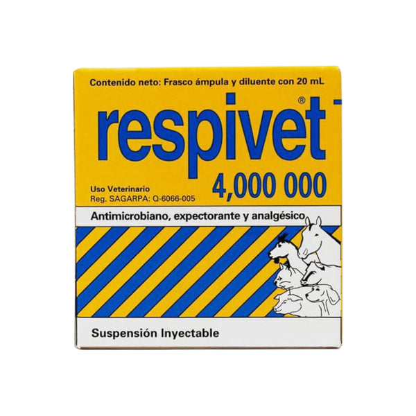 Caja del producto Respivet 4MUI de 20 ml, tratamiento antimicrobiano para animales de granja y mascotas