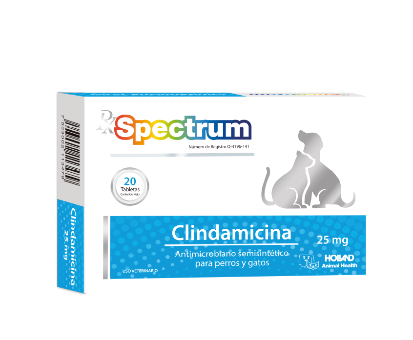 Caja de RxSpectrm Clindamicina 25mg con 20 tabletas, antibiótico oral para perros y gatos