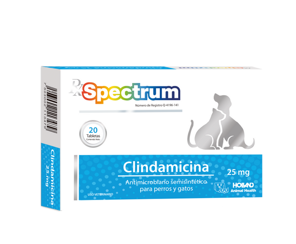 Caja de RxSpectrm Clindamicina 25mg con 20 tabletas, antibiótico oral para perros y gatos