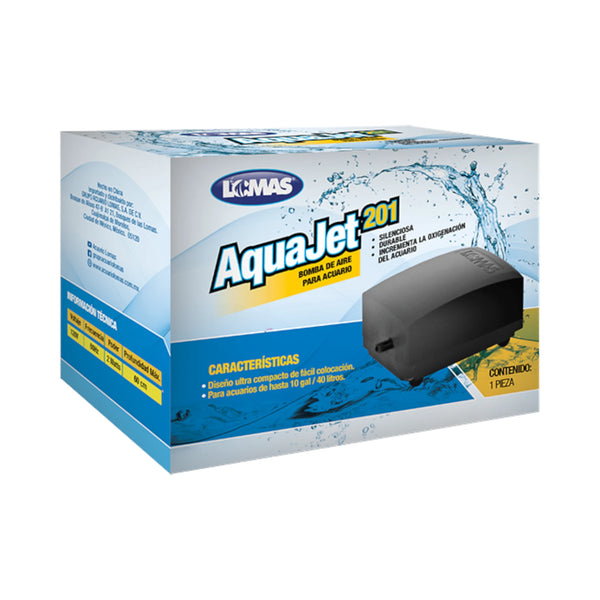 Imagen de la caja de la Bomba de aire AquaJet, ideal para acuarios de hasta 40 litros, versión compacta y silenciosa