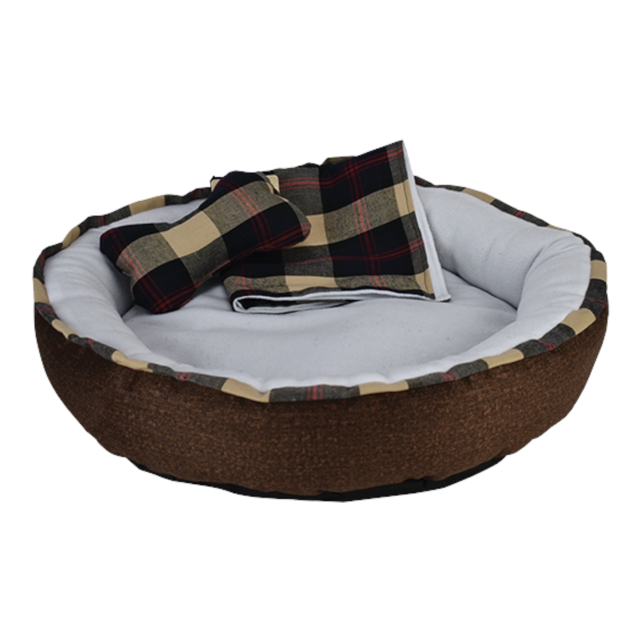 Cama redonda para mascotas con frazada doble vista y juguete textil, ideal para perros y gatos pequeños