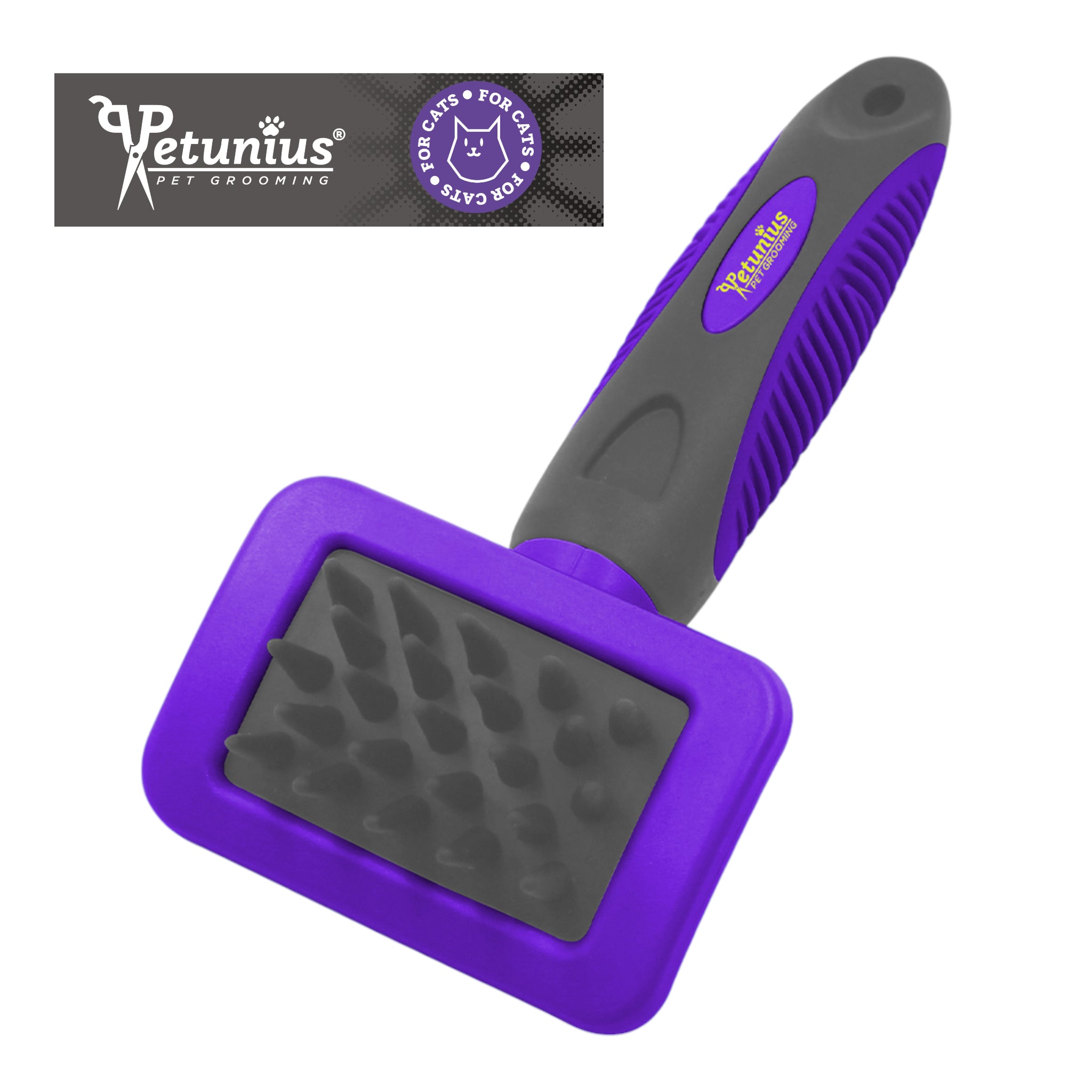 Carda de goma suave color morado y gris para gatos sensibles, con mango antideslizante