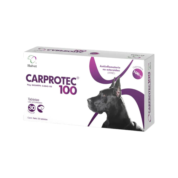 Caja de Carprotec 100mg, medicamento antiinflamatorio oral para perros con dolor articular o postoperatorio.