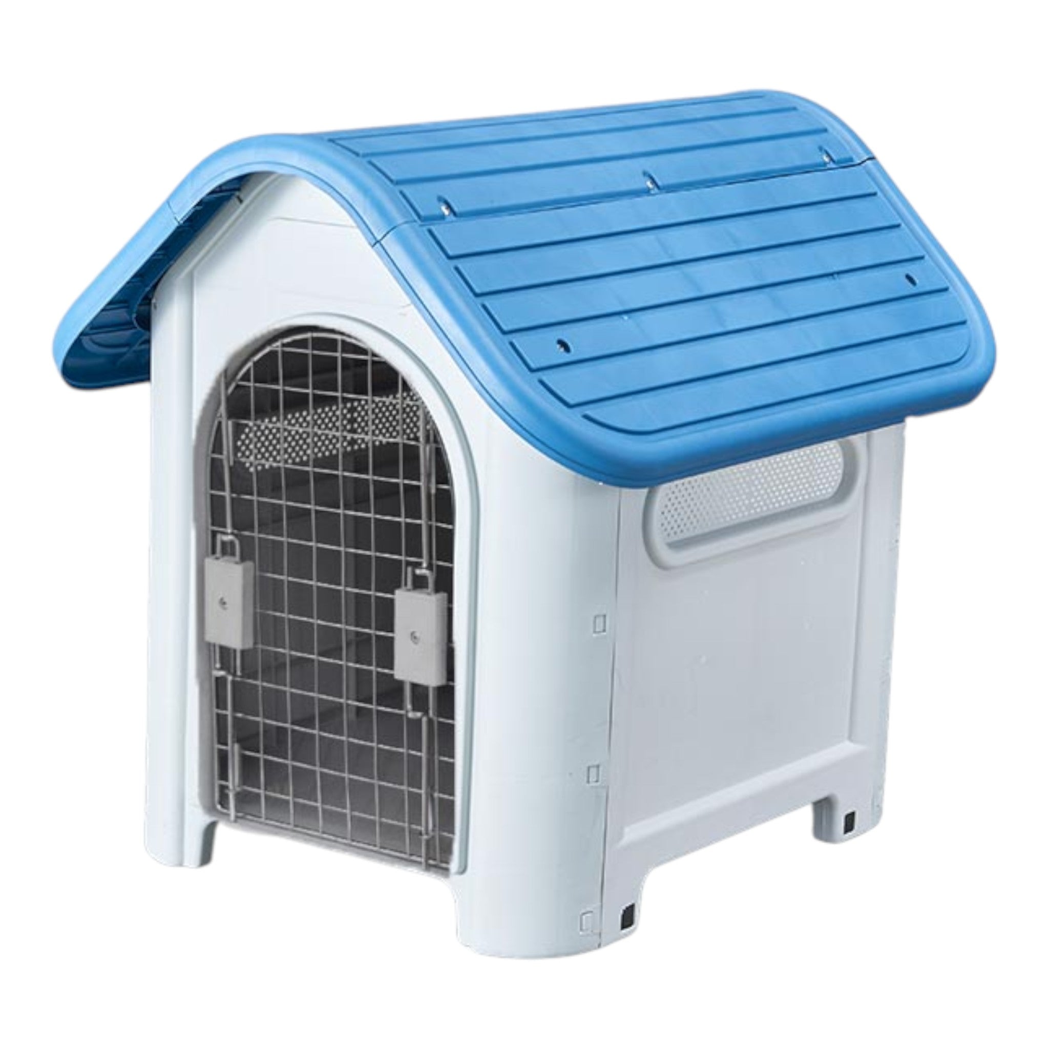 Casa exterior térmica con techo azul para perro de hasta 15 kg, base elevada y ventilaciones laterales