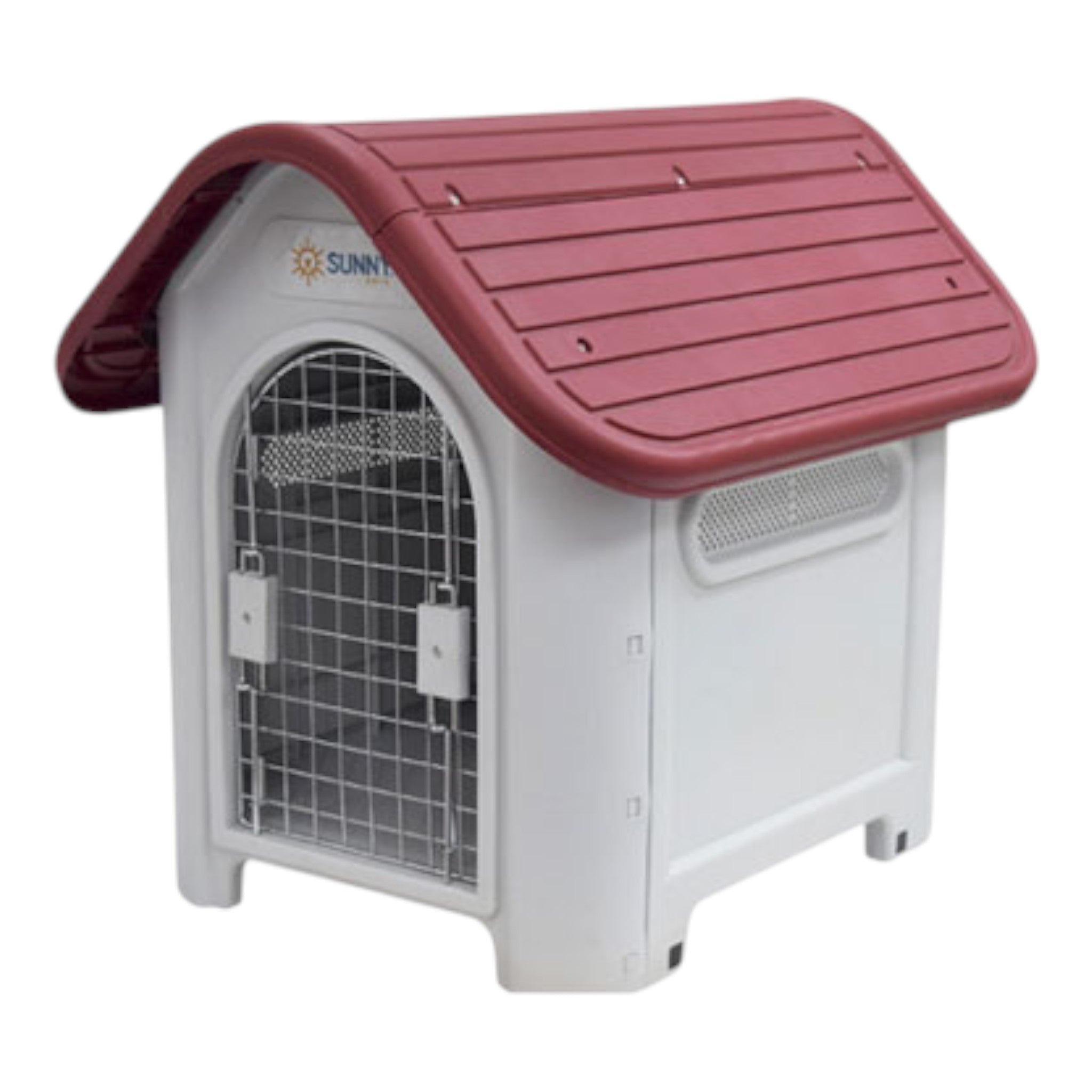 Casa exterior para perros chicos, techo rojo tipo teja, plástico resistente, con ventilación y base elevada