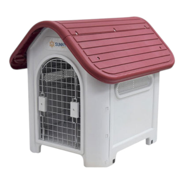 Casa exterior para perros chicos, techo rojo tipo teja, plástico resistente, con ventilación y base elevada