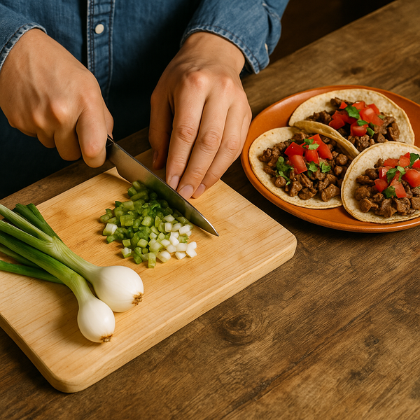 Persona picando cebollitas cambray frescas junto a un plato de tacos en una cocina, mostrando su uso culinario tradicional.