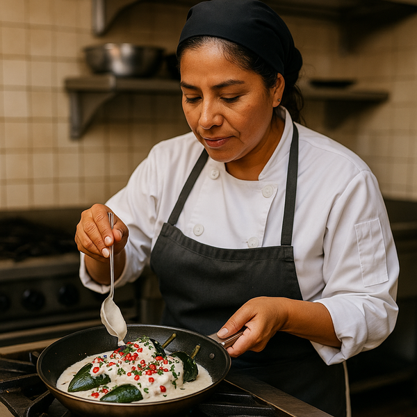 Mujer mexicana cocinando chiles en nogada en una cocina de restaurante, con ingredientes frescos y ambiente tradicional