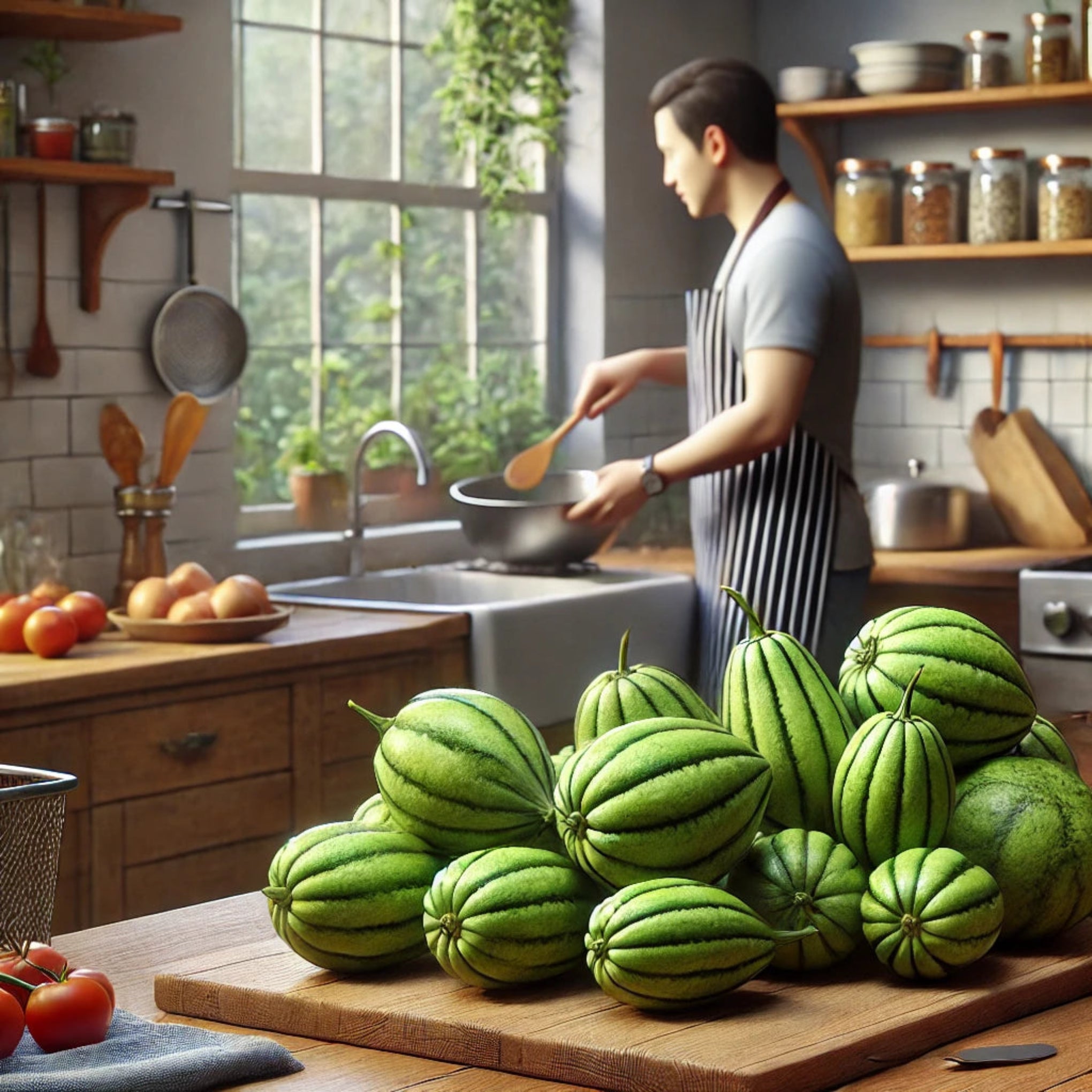Chilacayotes frescos en primer plano mientras un hombre cocina en una cocina hogareña con grifo visible