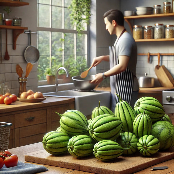 Chilacayotes frescos en primer plano mientras un hombre cocina en una cocina hogareña con grifo visible