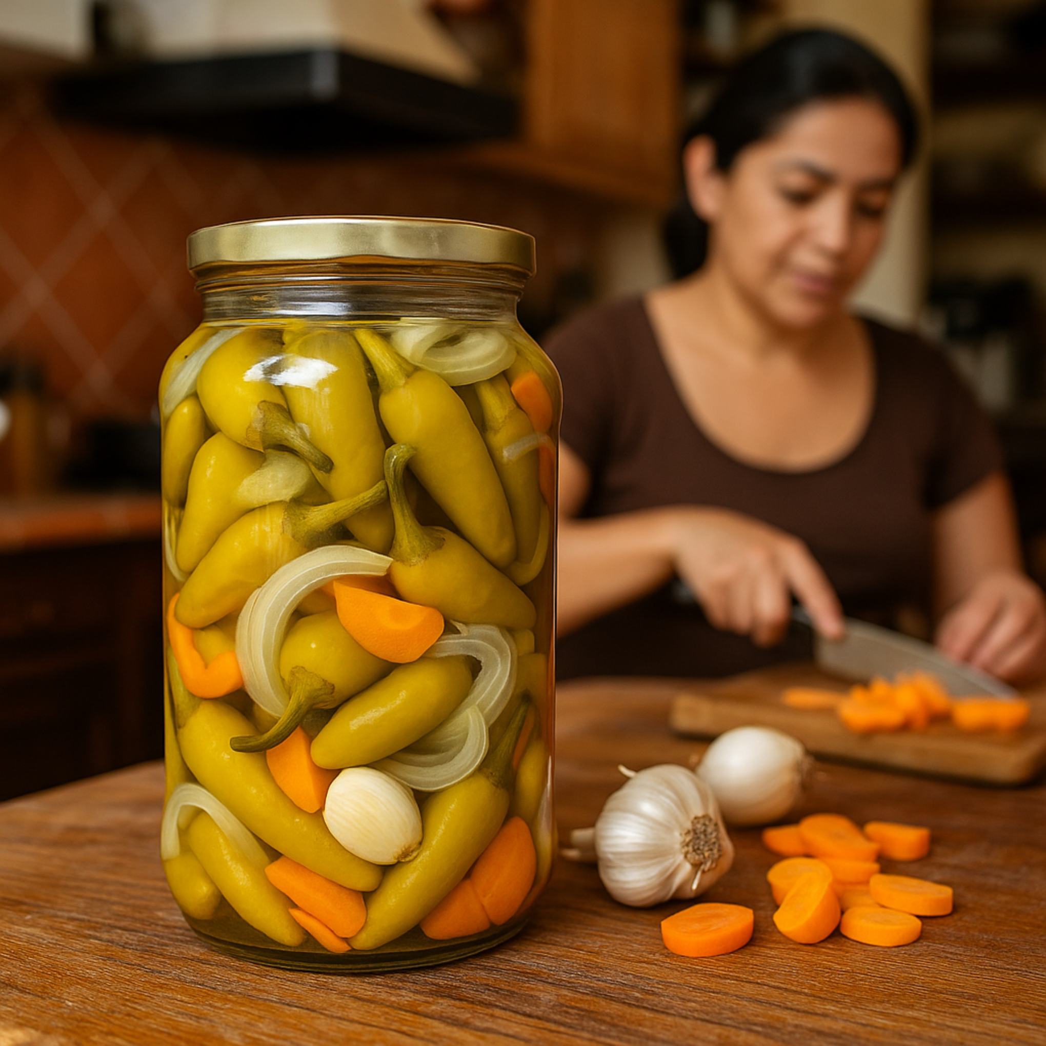Frasco de chiles güeros en escabeche con zanahoria, ajo y cebolla, sobre una mesa de cocina mexicana donde una persona pica verduras al fondo.