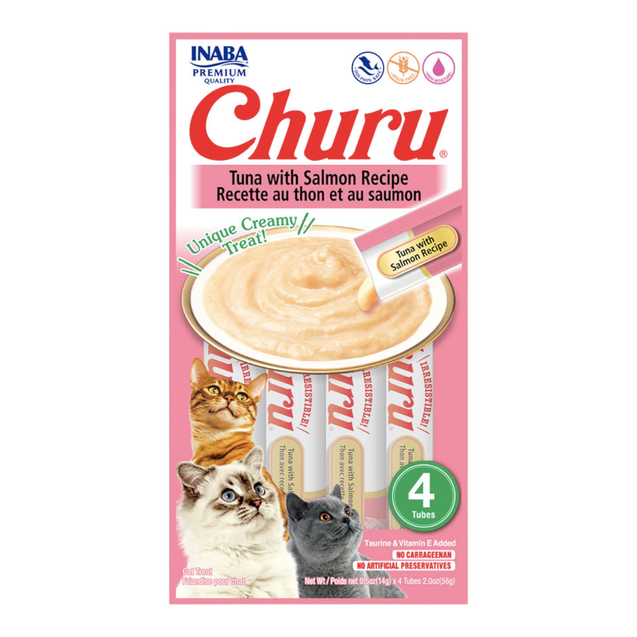 Empaque de Churu para gatos sabor atún con salmón, presentación de 4 tubos de snack cremoso