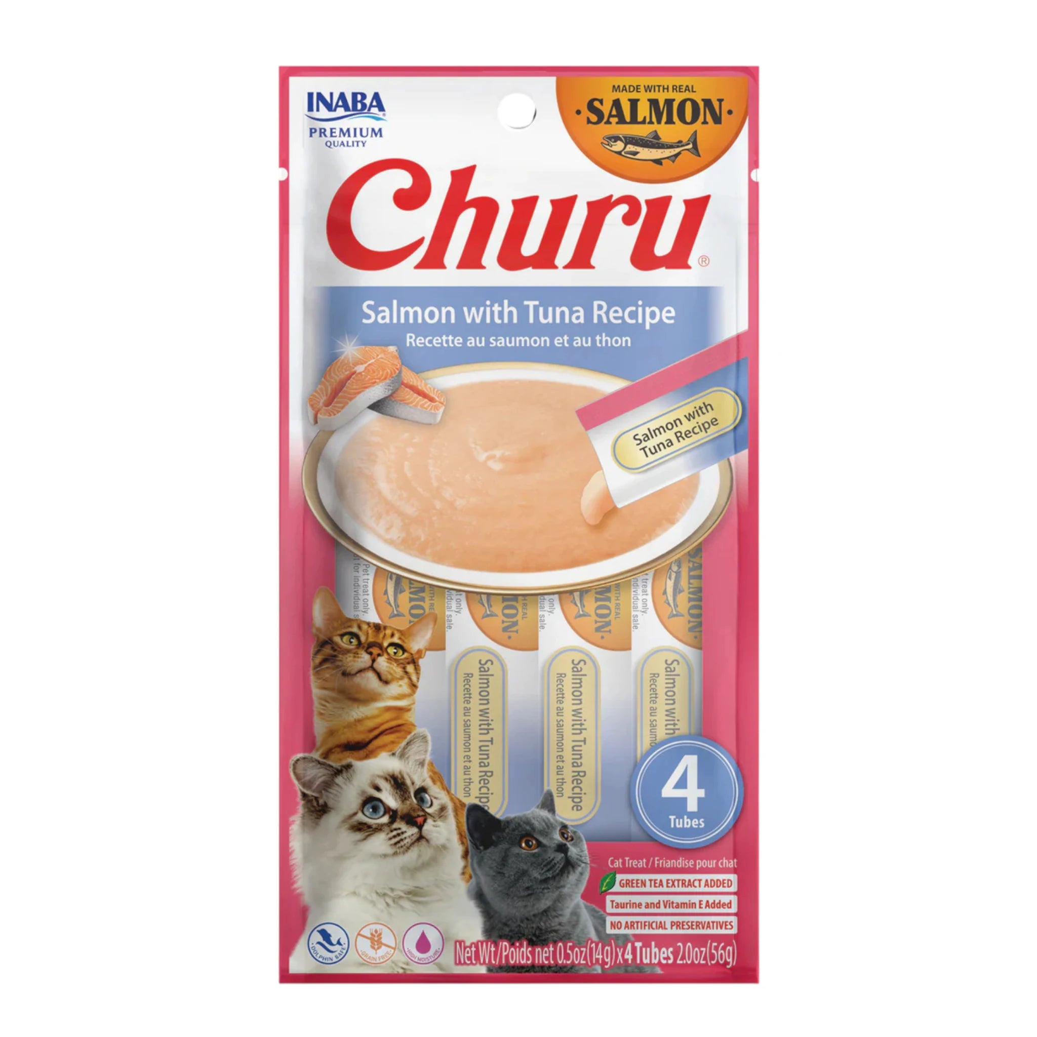Snack cremoso Churu de salmón con atún para gatos, sobre con 4 tubos, golosina natural libre de granos y conservadores.