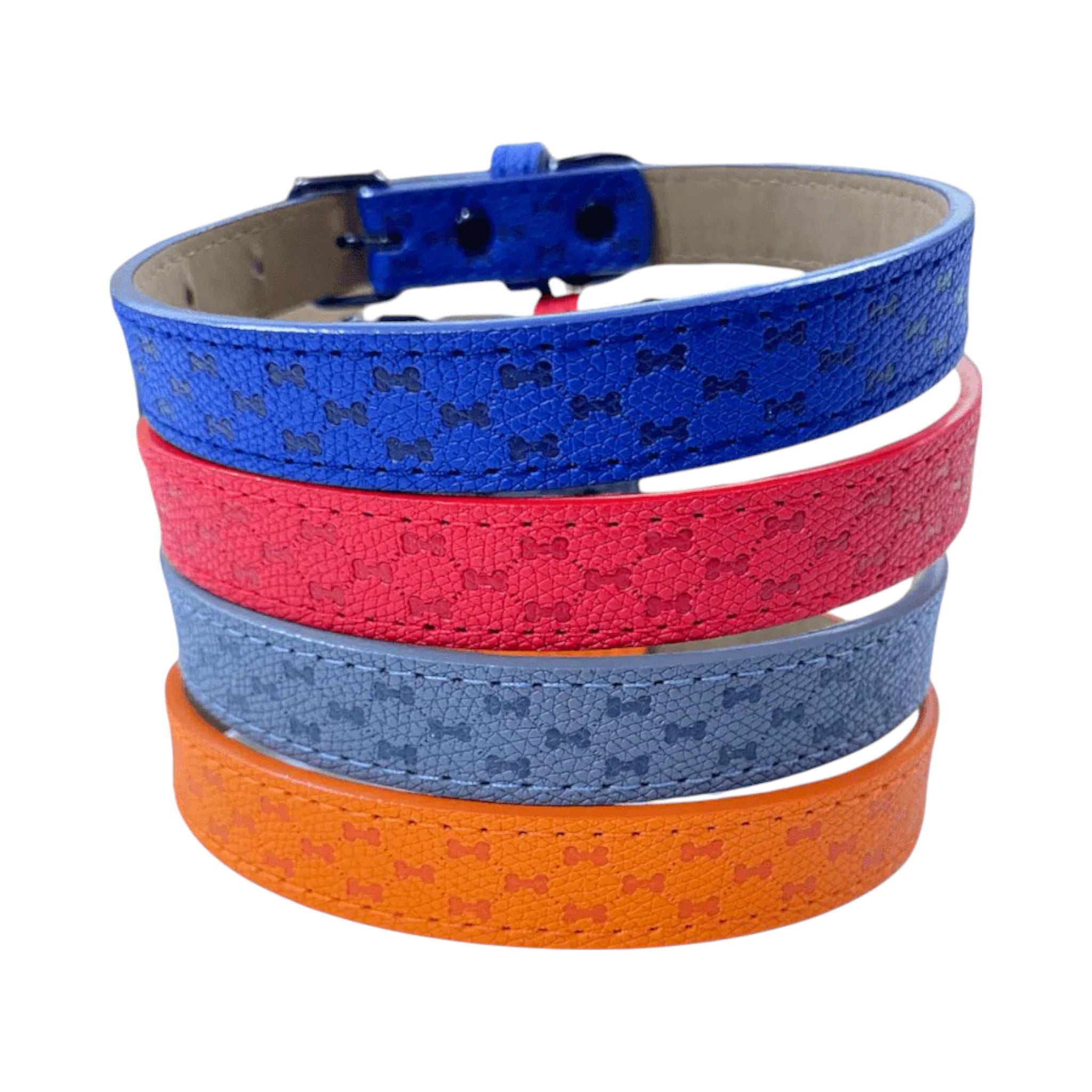 Collares enrollados mostrando el patrón de huesitos y variedad de colores vibrantes para perros.