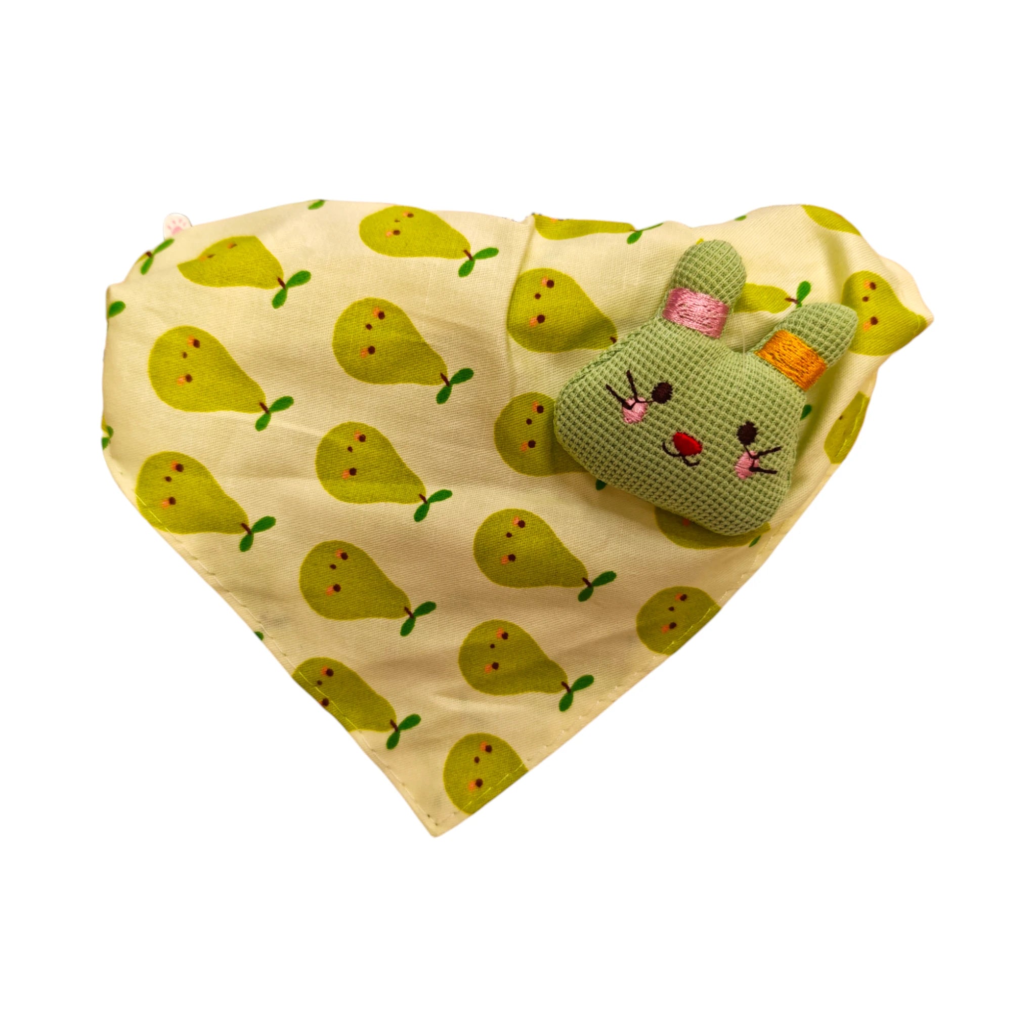 Collar ajustable con pañuelo estampado de peras y detalle de conejo bordado, ideal para gatos y perros pequeños.