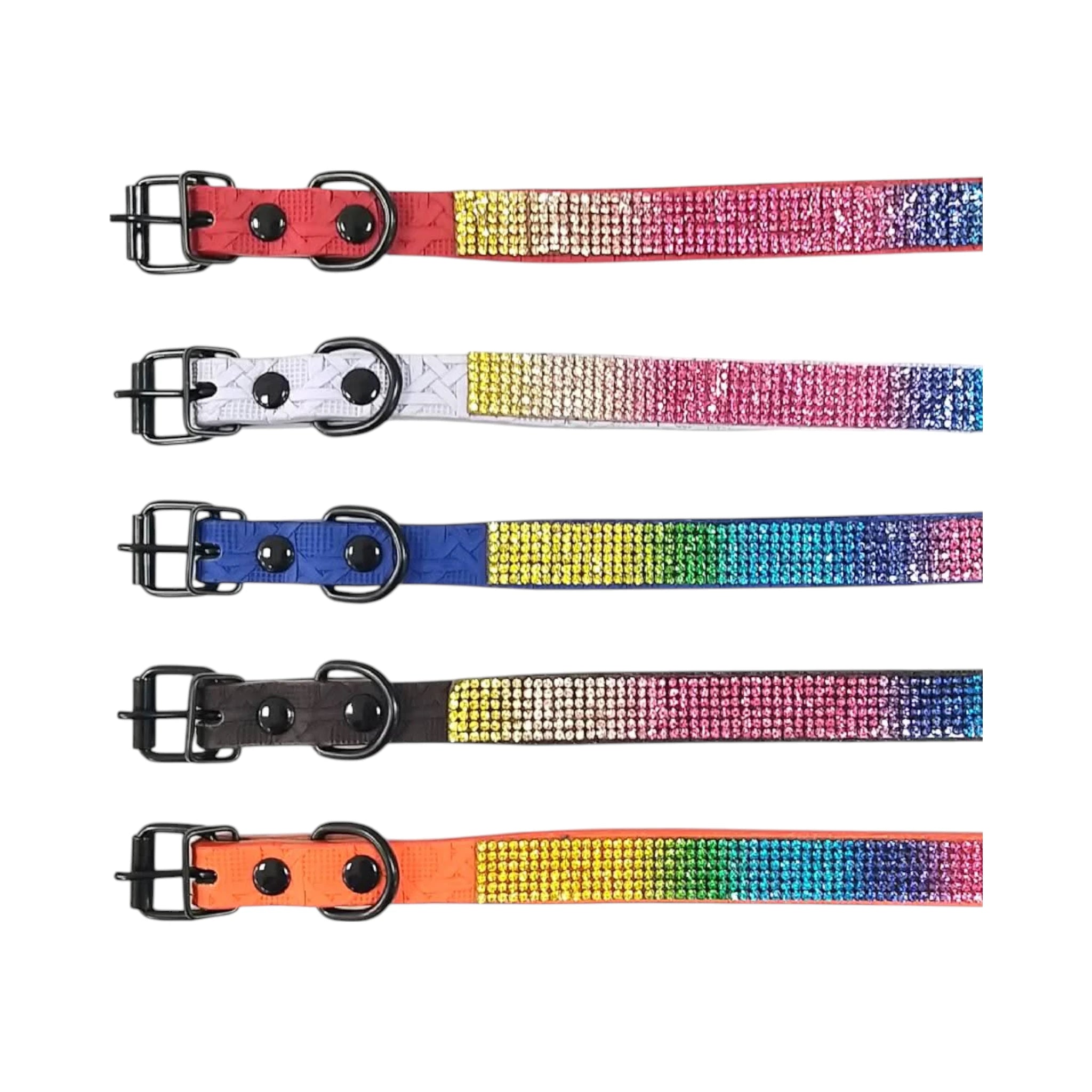 Collares para perro decorados con diamantes multicolor, con cierre de doble broche y diseño brillante en cinco colores distintos.