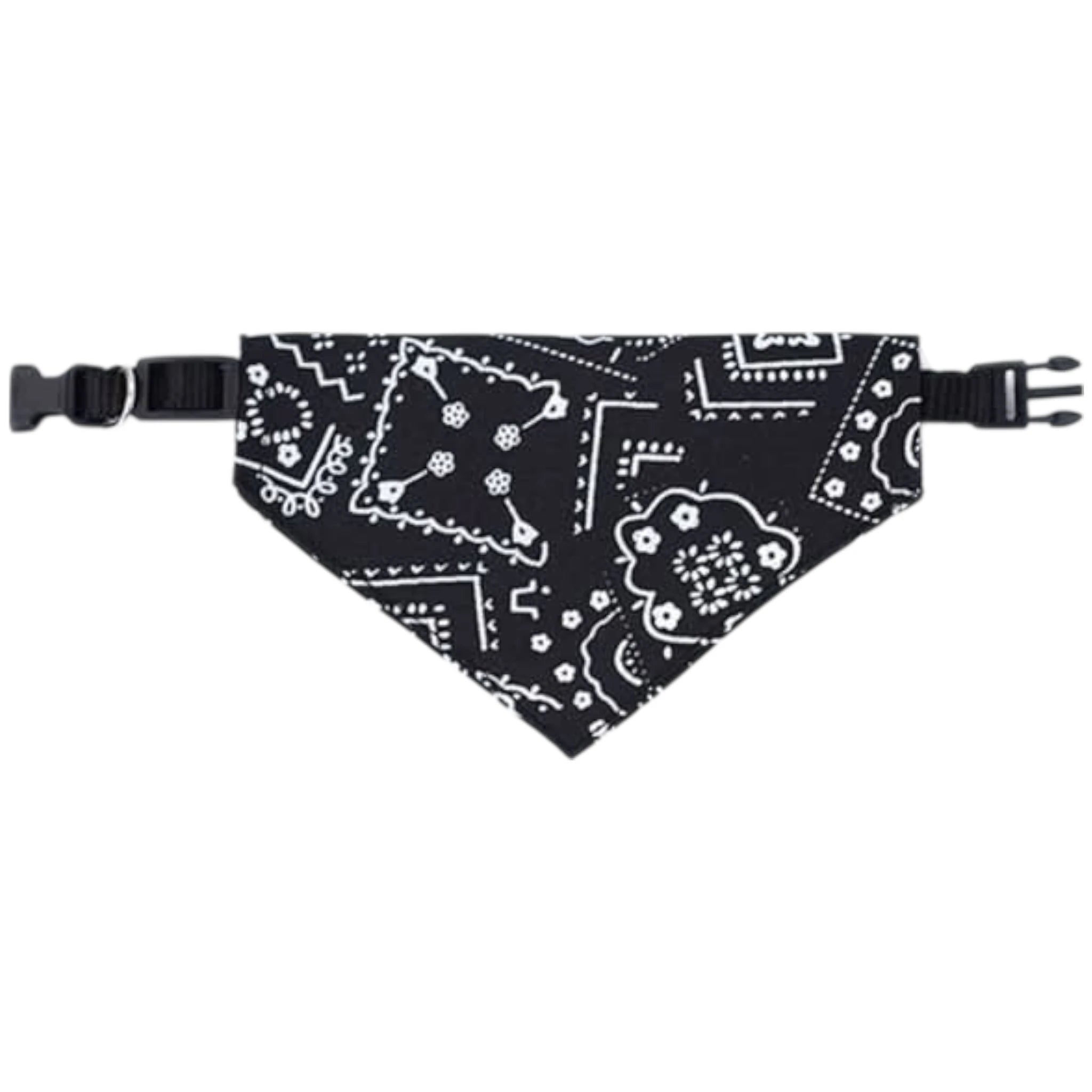 Bandana negra con detalles blancos, integrada a un collar para perros o gato