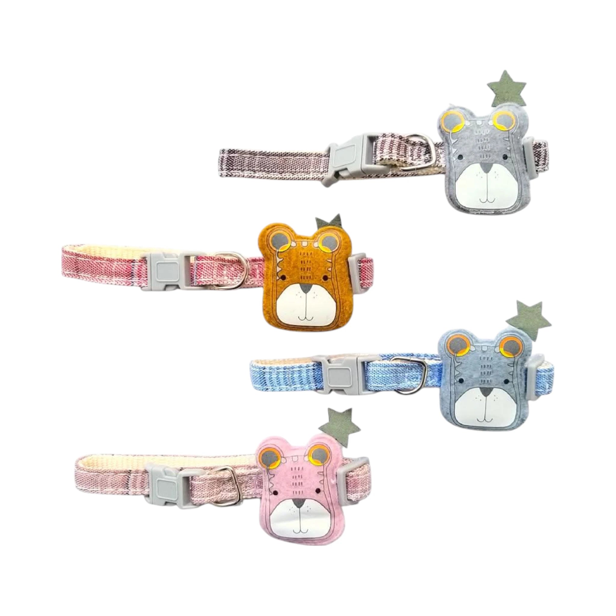 Foto de los 4 colores disponibles del collar: cafe, rojo, azul y morado
