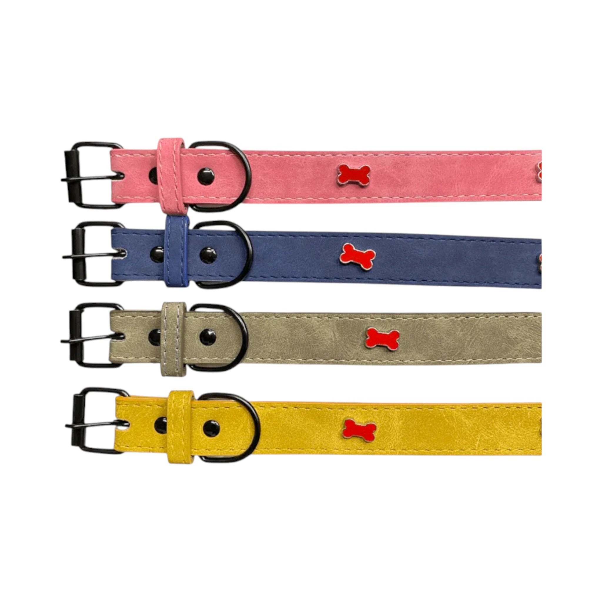 uatro collares para perro en colores rosa, azul, mostaza y café con detalles de huesitos metálicos rojos