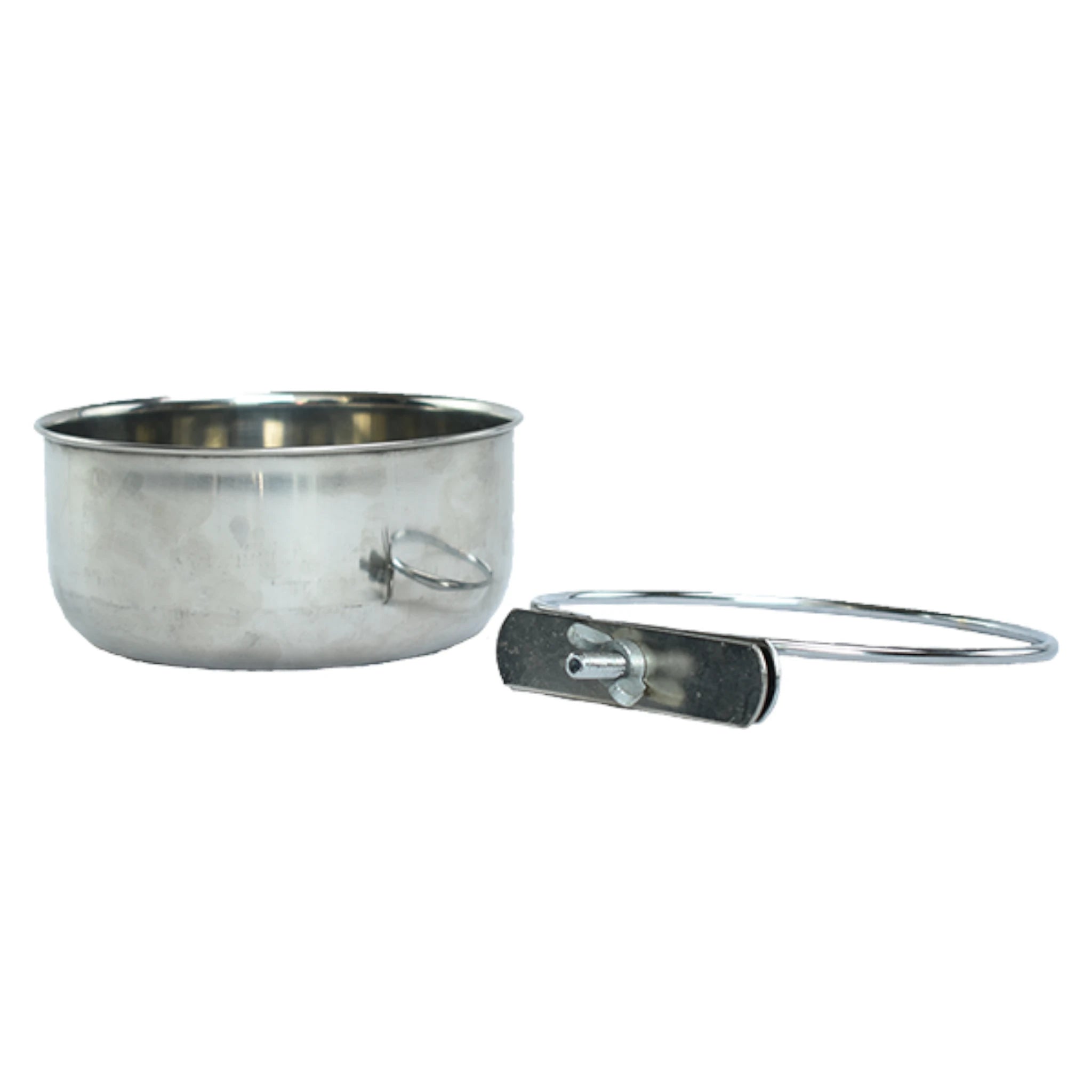 Comedero de acero inoxidable con abrazadera desmontada para jaulas de aves.