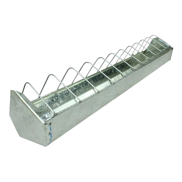 Comedero de lámina galvanizada para aves de corral con rejilla separadora, disponible en tamaños de 32 cm y 46 cm