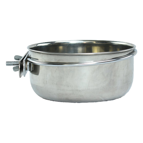 Vista lateral de comedero de acero inoxidable resistente y seguro para aves.