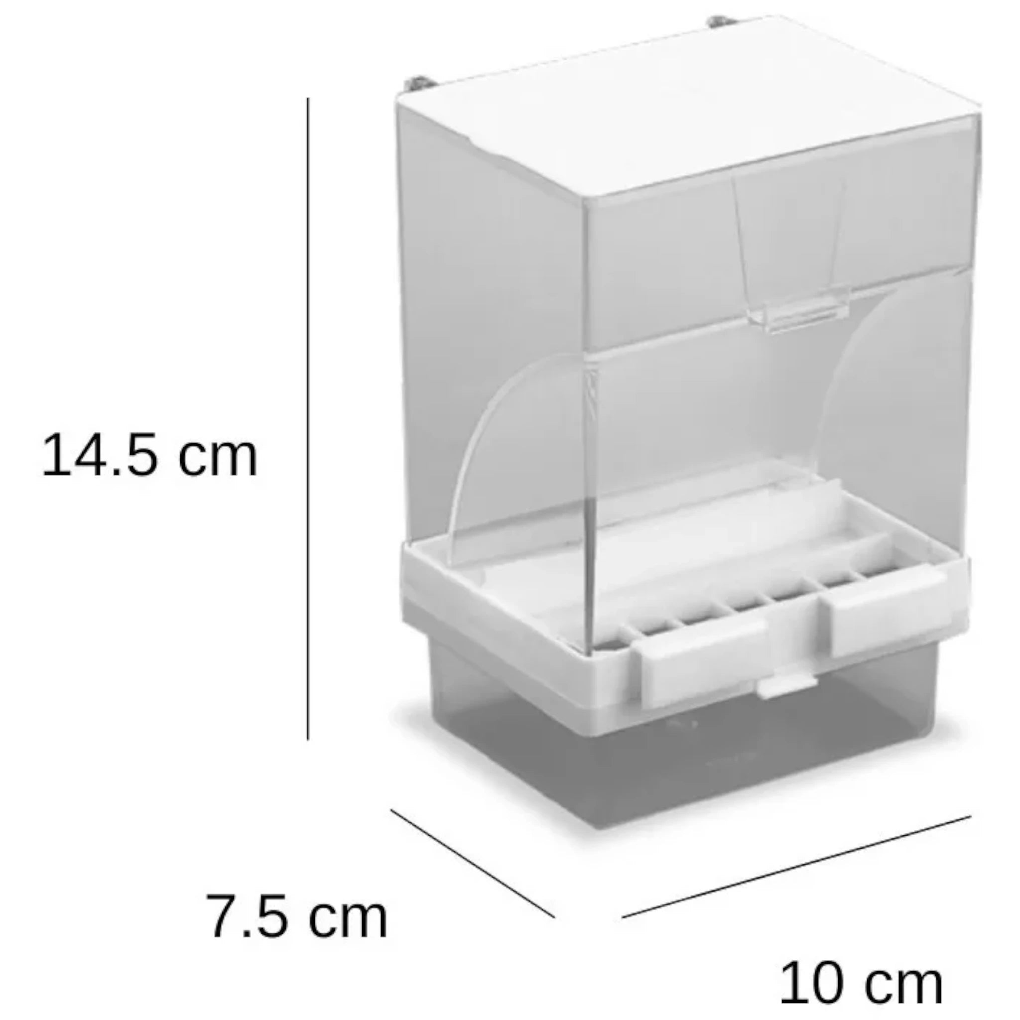 Comedero tipo tolva de plástico con dimensiones 14.5 x 10 x 7.5 cm