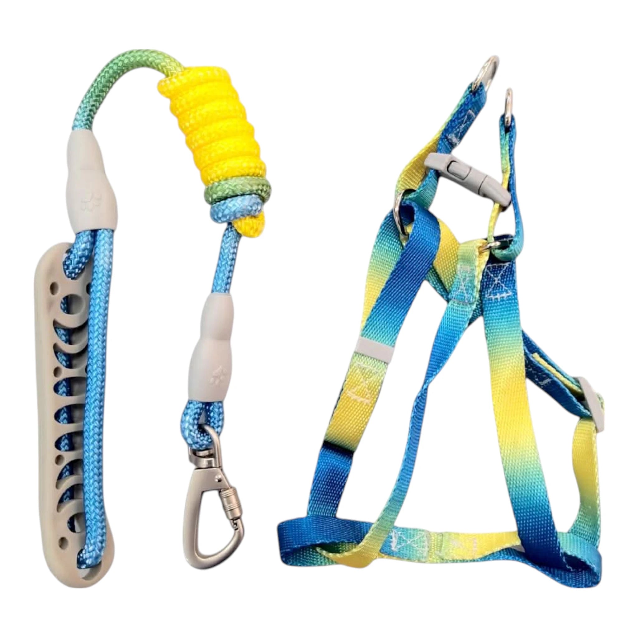 Correa con arnés para perro en colores degradados azul y amarillo, con agarradera ergonómica, gancho giratorio con seguro y diseño cómodo.
