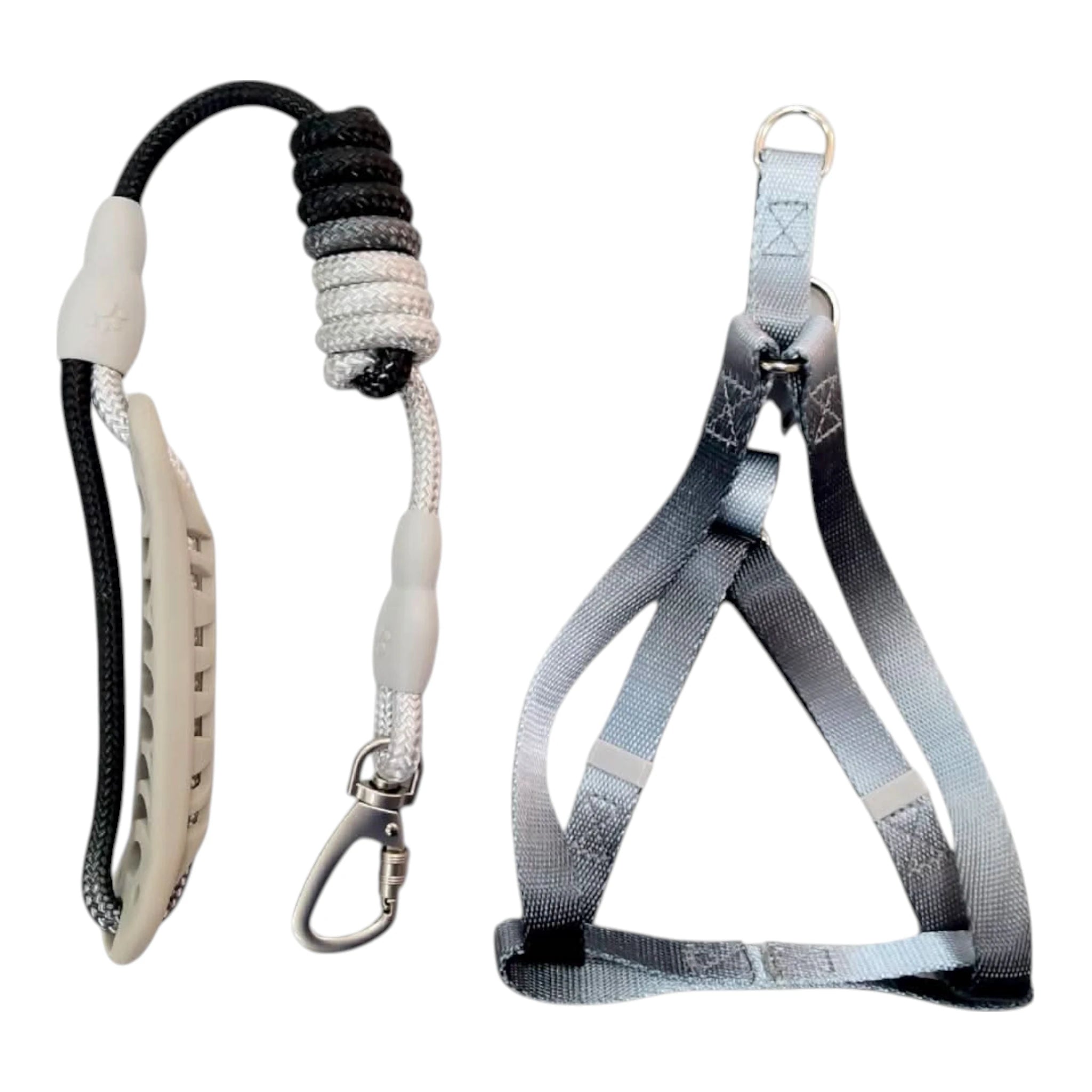 Correa con arnés para perro en colores degradados negro con blanco, con agarradera ergonómica, gancho giratorio con seguro y diseño cómodo.