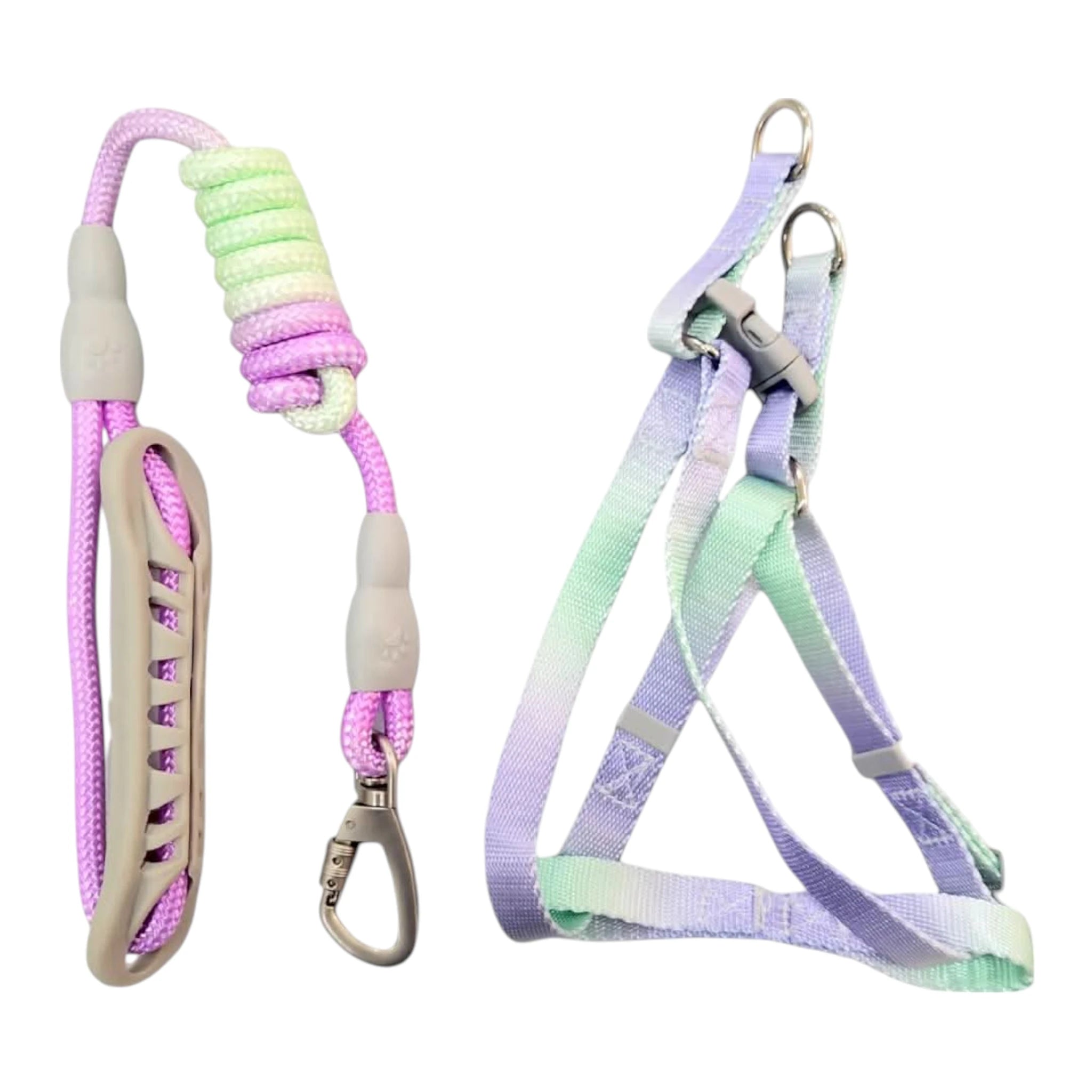 Correa con arnés para perro en colores degradados morado y verde, con agarradera ergonómica, gancho giratorio con seguro y diseño cómodo.