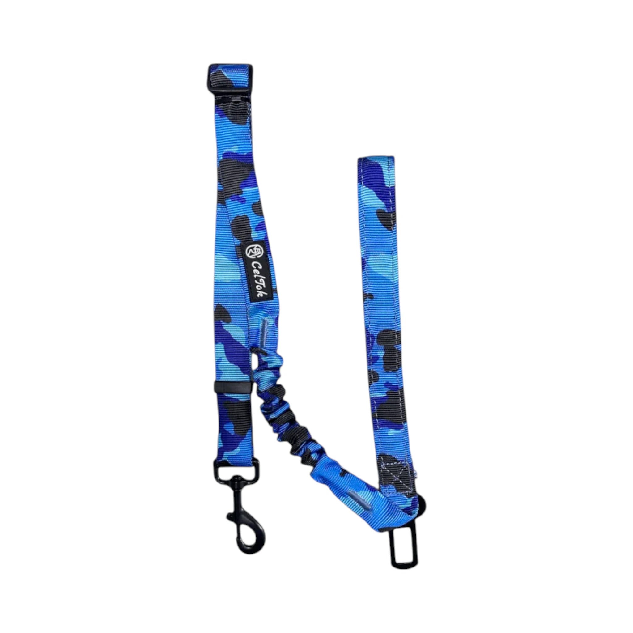 Correa táctica color azul para perro, hecha de nylon con resorte amortiguador y gancho metálico, incluye seguro para auto