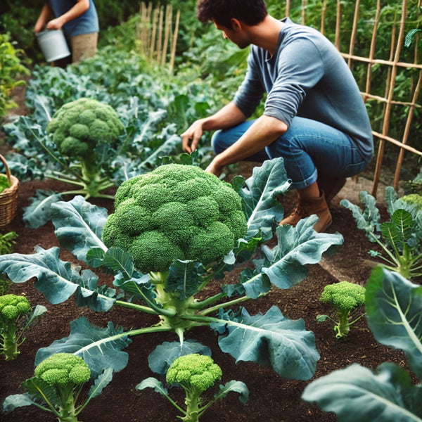 Hombre en cuclillas trabajando en un huerto casero con plantas de brócoli en crecimiento, mostrando el cultivo doméstico y el cuidado del huerto.