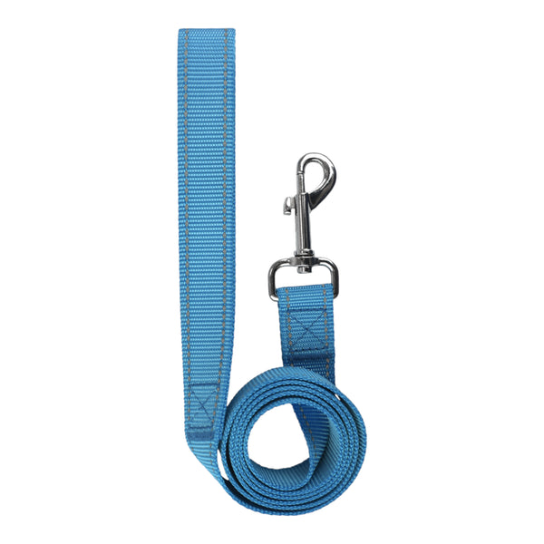 Detalle de la correa azul electrico con bandas reflejantes y gancho 360