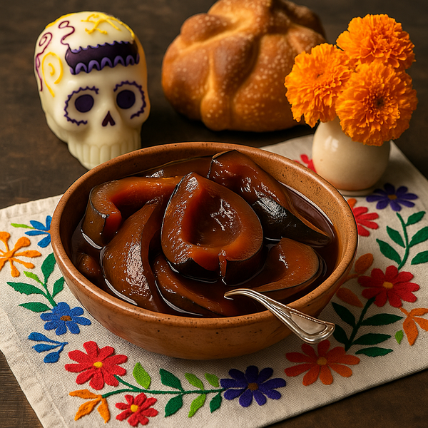 Platillo de dulce de calabaza servido en un tazón de barro, acompañado de pan de muerto, calaverita de azúcar y leche condensada, sobre mantel bordado típico del Día de Muertos.